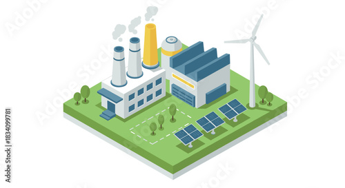 Isometric green energy plant with wind turbine and solar panels