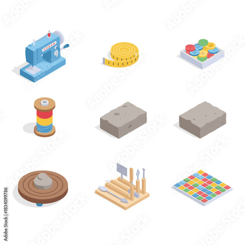Crafting and sewing isometric icons set