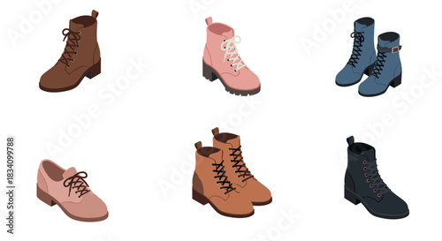 Isometric collection of stylish boots in various colors and designs