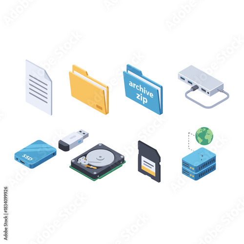 Digital storage and file management isometric icons set