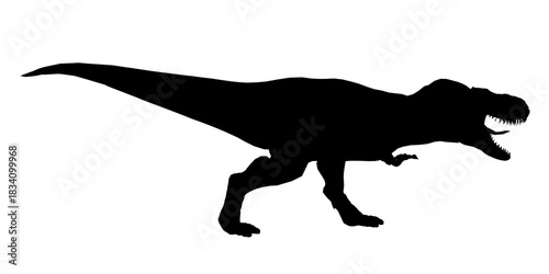 A black and white T-Rex silhouette stands powerfully against a clean white background, perfect for dinosaur-themed designs. Side view
