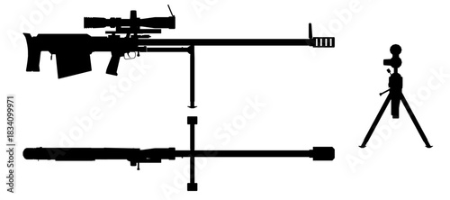 A black and white sniper rifle silhouette with a mounted scope, isolated on a clean white background for a stark, tactical aesthetic.