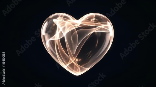 Glowing Transparent Heart with Swirling Energy Inside on Black Background.