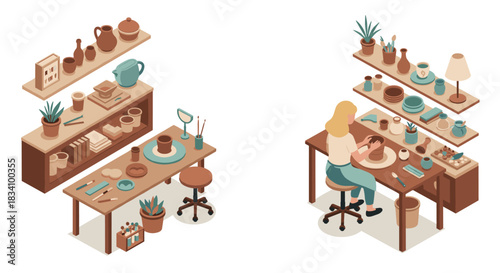 Isometric ceramic studio interior with pottery crafting and tools