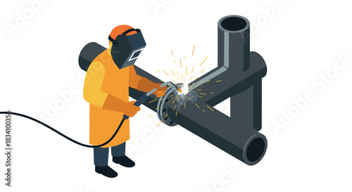 Isometric welder in action with protective gear and spark effects
