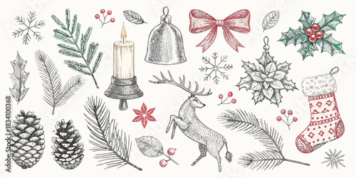 A hand-drawn sketch-style Christmas element featuring cute doodles of ornaments, holly, pine branches, and festive details in a cozy, minimal vector style.