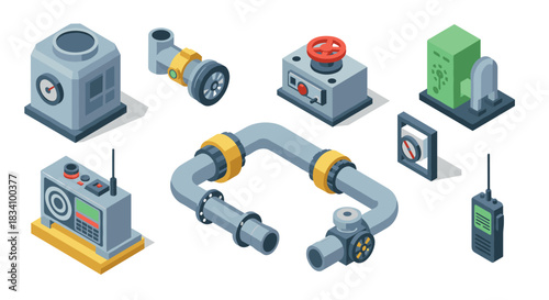 Isometric industrial equipment set with pipeline and control devices