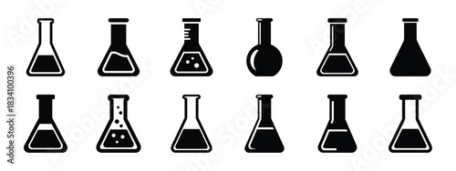 chemistry flask vector icon set and silhouette art isolated on white background
