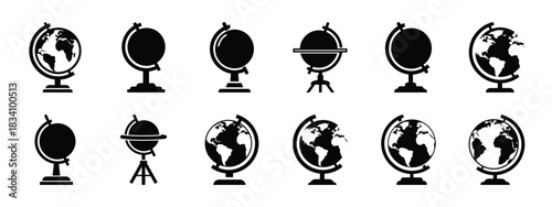 globe stand vector icon set and silhouette art isolated on white background