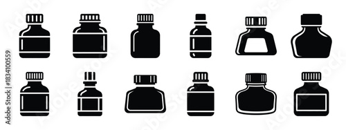 ink bottle vector icon set and silhouette art isolated on white background
