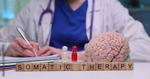 Anatomical model of brain positioned on table near wooden blocks forming phrase Somatic Therapy. Doctor writes detailed recommendations for patient