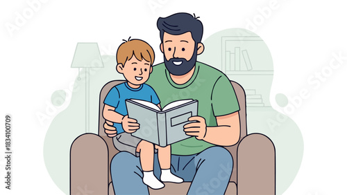 Father and Son Reading Together Bonding Time Illustration