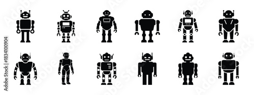 robot vector icon set and silhouette art isolated on white background