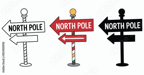 Three North Pole sign designs rendered in charming seasonal styles suitable for Christmas decorations, winter scene compositions