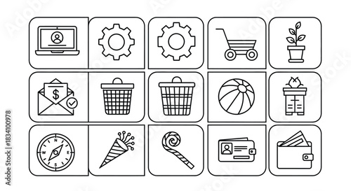 Collection of simple outline icons representing various concepts and objects for digital interfaces.