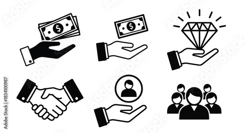 Hands offering money, diamond, and handshake representing business transactions, wealth, and partnership