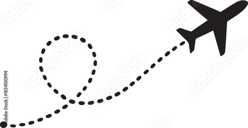 Minimal airplane line path silhouette icon showing a clean flight route for travel graphics.