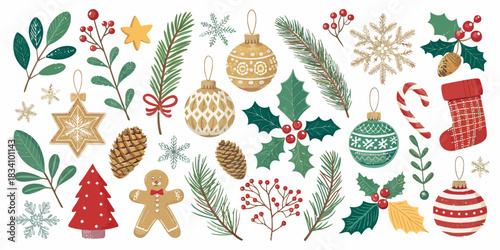 A large, highly detailed Christmas vector pack featuring intricate ornaments, holly, pine branches, snowflakes, gifts, and festive decorative elements in a vibrant, cozy style.