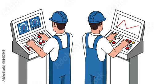 Two engineers in blue overalls and hard hats operating control panels in a factory setting.