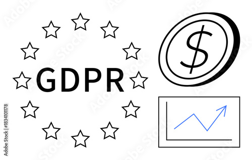 Data privacy, GDPR compliance, financial regulations, cybersecurity, business growth, legal frameworks. GDPR text encircled by stars, dollar coin line chart. Data privacy and GDPR compliance