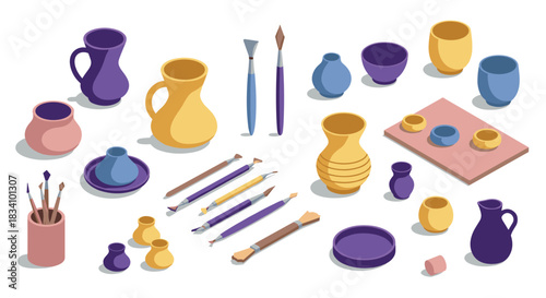 Artistic pottery and paint brushes in isometric view: colorful ceramic art supplies