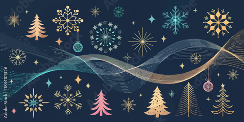 A modern abstract Christmas element set filled with colorful shapes, geometric ornaments, festive patterns, snowflakes, and playful holiday details in a sleek, minimal style.