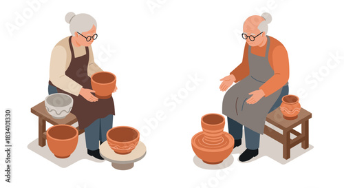 Elderly potters crafting ceramics in isometric style