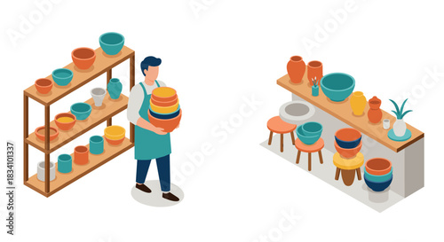 Colorful pottery display with man arranging ceramic bowls and vases in modern shop setting