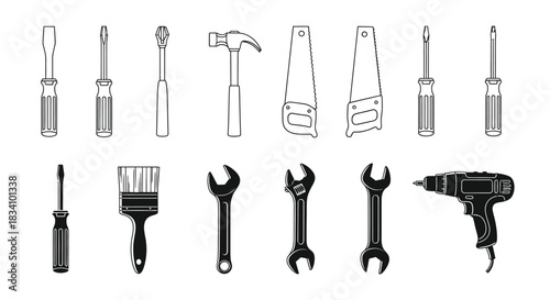 Collection of assorted hand and power tools for repair and construction work