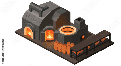 Isometric pottery kiln with clay jars and curing equipment in a historical workshop setting