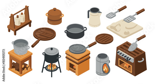 Isometric kitchen cookware collection with rustic elements and cooking utensils