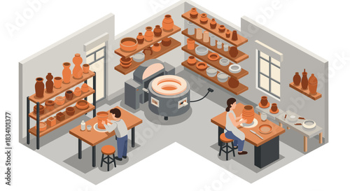 Isometric pottery workshop with wheel and ceramic pots
