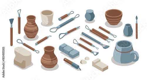 Isometric pottery tools and clay set on white background for craft enthusiasts