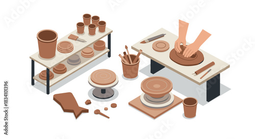 Isometric pottery workshop scene with hands crafting clay on wheel