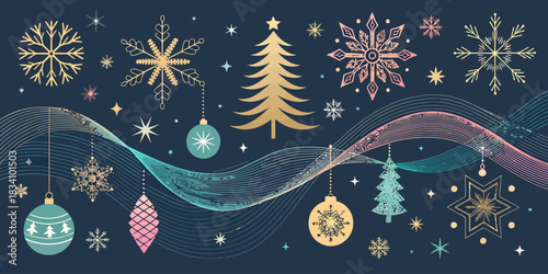 A modern abstract Christmas element set filled with colorful shapes, geometric ornaments, festive patterns, snowflakes, and playful holiday details in a sleek, minimal style.