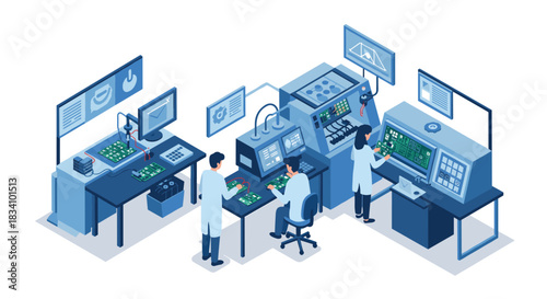 Advanced technology laboratory with scientists working on high-tech equipment in isometric style