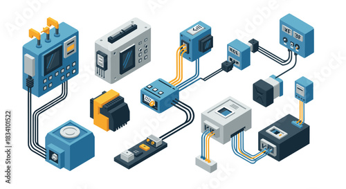Modern isometric electronics components with wiring and connections