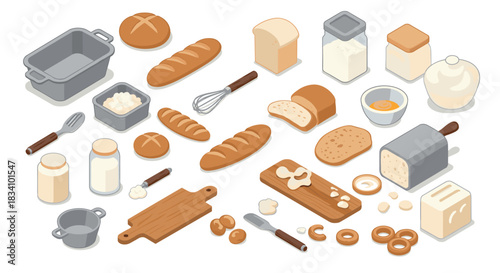 Baking essentials isometric set with bread, kitchen utensils, and ingredients