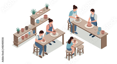 Isometric pottery workshop scene with people crafting clay on pottery wheels