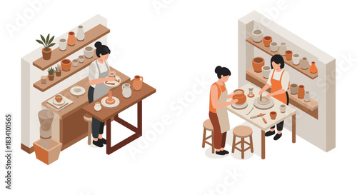 Isometric pottery workshop scene with two women crafting ceramic art pieces