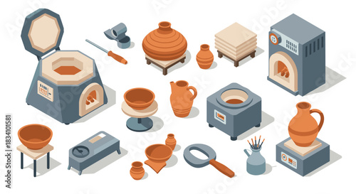 Pottery workshop tools and equipment in isometric style