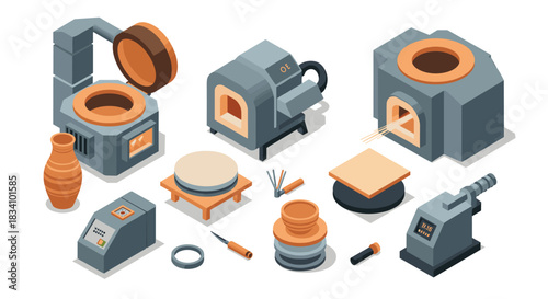 Modern isometric pottery studio equipment with kiln and tools