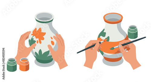 Artistic pottery painting with hands and floral design in flat style