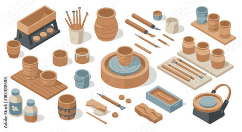 Isometric pottery tools and equipment set for ceramic craft enthusiasts