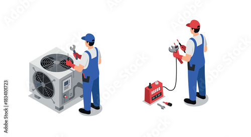 Hvac technician repairing air conditioner unit with tools in isometric style
