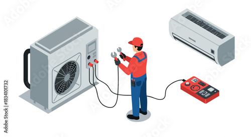 Technician repairing air conditioning system in isometric design