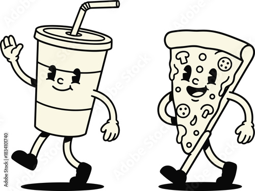 Cartoon pizza and soda characters, smiling fast food friends, anthropomorphic snack items, kids food illustration, playful design, flat vector illustration