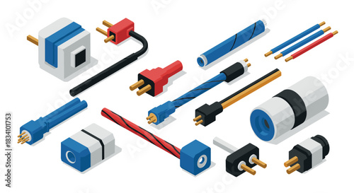 Isometric electronic connectors and cables on white background