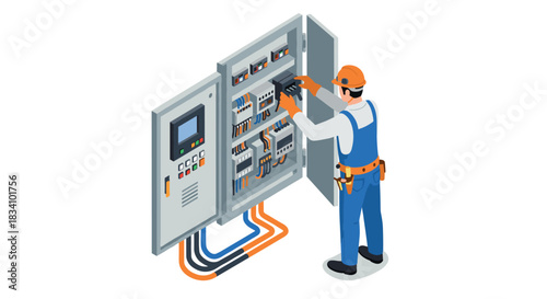 Technician working on electrical panel in isometric style for industrial maintenance