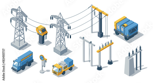 Isometric power infrastructure with trucks and electric poles